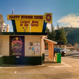 Exterior outside entrance of Happy Burger Diner - Exterior From Parking Lot - Mariposa, California Exterior outside entrance of Happy Burger Diner - Exterior From Parking Lot - Mariposa, California
