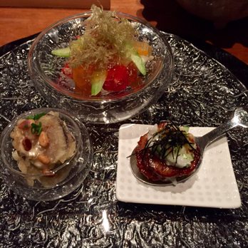 Wakuriya - Assorted appetizers: L to R - fig tempura, lobster, foie gras - Japanese Near Me - San Mateo, California