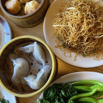 Dim Sum Cafe - Shrimp Shumai, Spinach Mushroom Dumpling (my fave), Chow Mein and Chinese Broccoli - all very good!!!! - Dim Sum Near Me - Las Vegas, Nevada Dim Sum Cafe - Shrimp Shumai, Spinach Mushroom Dumpling (my fave), Chow Mein and Chinese Broccoli - all very good!!!! - Dim Sum Near Me - Las Vegas, Nevada