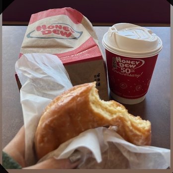 Honey Dew Donuts - A glaze donut and hot chocolate - Donuts Near Me - Attleboro, Massachusetts