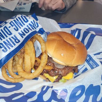Culver's - Double classic with cheese & grilled onions & onion rings. - Burgers Near Me - Harwood Heights, Illinois