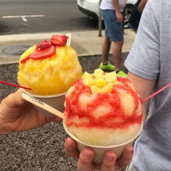 Wailua Shave Ice - Da Mango One (back), Strawberry Pineapple (front) - Shaved Ice Near Me - Kapaa, Hawaii Wailua Shave Ice - Da Mango One (back), Strawberry Pineapple (front) - Shaved Ice Near Me - Kapaa, Hawaii