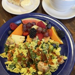 Egg scramble, biscuit and Cappuccino. Egg scramble, biscuit and Cappuccino.