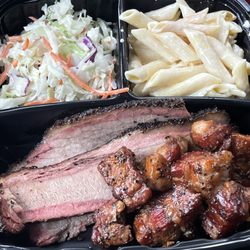 Brisket, pork burnt ends, macaroni and slaw