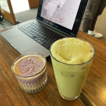 Temple Coffee - Lavender latte (?) and matcha sunrise - Coffee & Tea Near Me - Davis, California Temple Coffee - Lavender latte (?) and matcha sunrise - Coffee & Tea Near Me - Davis, California