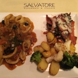 Pizzeria Salvatore - Die Calamares in pikanter Tomatensoße mit Schwarzen Oliven,Knoblauch,Lorbeerblätter,Zwiebel und frischem Gemüse... Es war sehr lecker...