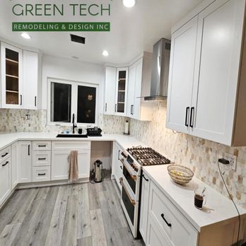 Green Tech Remodeling And Design - Bright and modern white kitchen remodel -- maximizing space with sleek cabinetry, and countertops. - General Contractors Near Me - Los Angeles, California Green Tech Remodeling And Design - Bright and modern white kitchen remodel -- maximizing space with sleek cabinetry, and countertops. - General Contractors Near Me - Los Angeles, California