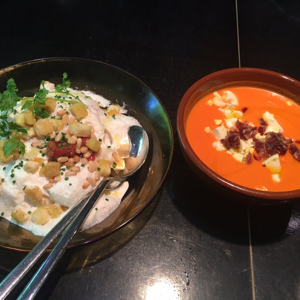 La Gabinoteca - Salmorejo- so creamy and delicious, and ravioli frio de burrata - Spanish Near Me - Madrid, M La Gabinoteca - Salmorejo- so creamy and delicious, and ravioli frio de burrata - Spanish Near Me - Madrid, M