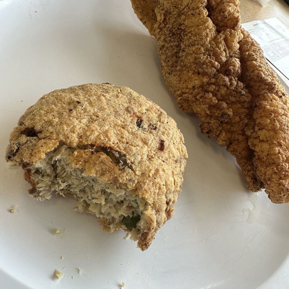 Bartlett Breakfast Factory - Salmon croquette and piece of fried catfish. - Breakfast & Brunch Near Me - Memphis, Tennessee