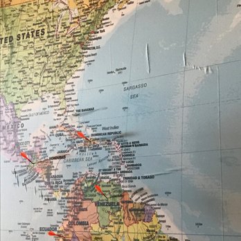 Eldora Chocolate - In the hallway hangs a huge map with pins for the current raw cacao sources. Shown here: Ecuador, Guatemala, Venezuela, the Dominican Rep. - Chocolatiers & Shops Near Me - Albuquerque, New Mexico