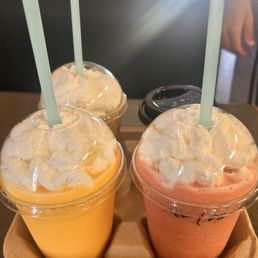 Peach Mango Smoothie, Strawberry Smoothie, Vanilla Iced Latte