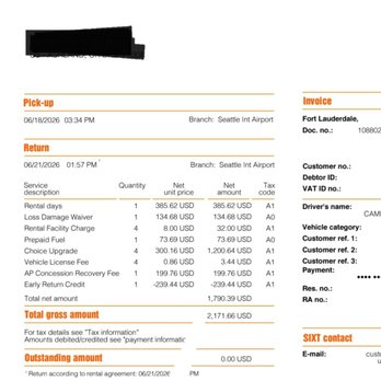 Sixt Rent A Car - $1200 upsell for a four day rental. The rental agents get sales commissions for upsells like this. - Car Rental Near Me - SeaTac, Washington Sixt Rent A Car - $1200 upsell for a four day rental. The rental agents get sales commissions for upsells like this. - Car Rental Near Me - SeaTac, Washington