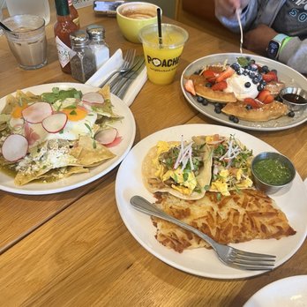Poached Kitchen - left: Chilaquiles Verde / top right: Classic Waffles / bottom right: Breakfast Tacos - Breakfast & Brunch Near Me - Irvine, California Poached Kitchen - left: Chilaquiles Verde / top right: Classic Waffles / bottom right: Breakfast Tacos - Breakfast & Brunch Near Me - Irvine, California