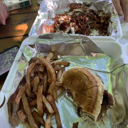 Pork sandwich and French fries Pork sandwich and French fries