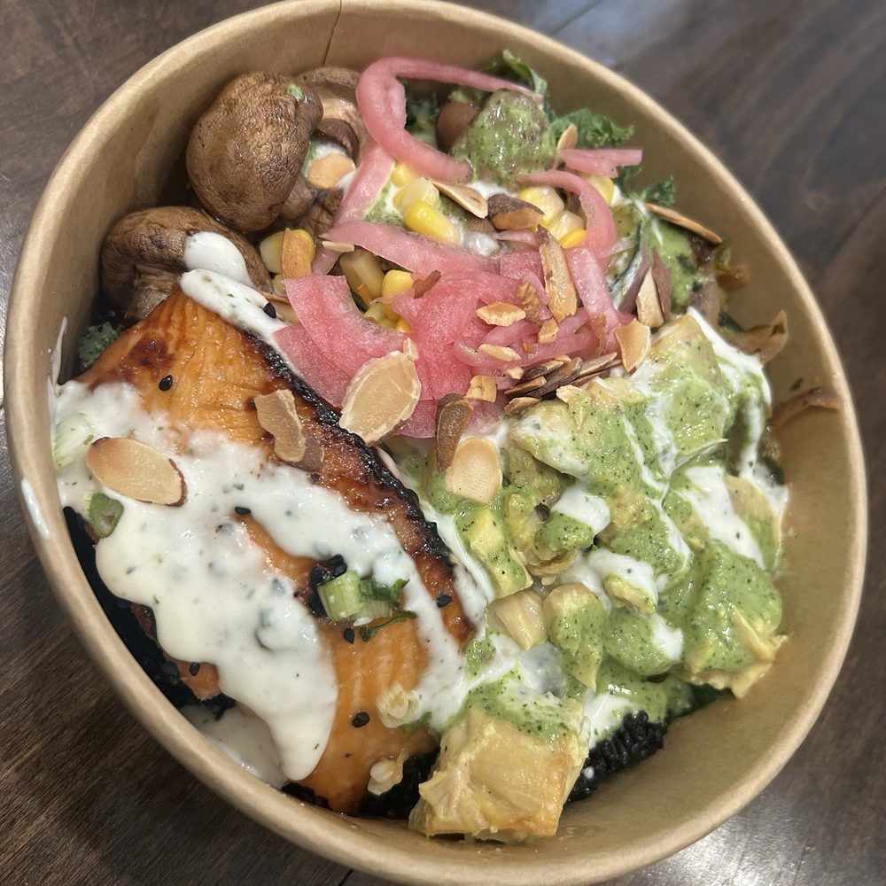 Boltiful Fresh Kitchen - Roasted salmon, lemon chicken, black rice, kale, mushrooms, zucchini, toasted almonds, pickled onions, corn, creamy garlic &, herb pesto - Gluten-Free Near Me - Santa Clara, California Boltiful Fresh Kitchen - Roasted salmon, lemon chicken, black rice, kale, mushrooms, zucchini, toasted almonds, pickled onions, corn, creamy garlic &, herb pesto - Gluten-Free Near Me - Santa Clara, California