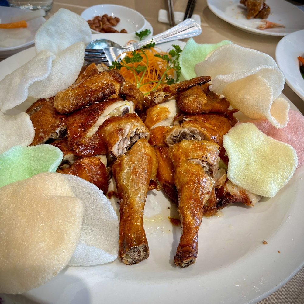 Lee Garden Seafood - Whole Crispy Skin Chicken .. with the all time fav multi-coloured shrimp chips - Dim Sum Near Me - Coquitlam, British Columbia Lee Garden Seafood - Whole Crispy Skin Chicken .. with the all time fav multi-coloured shrimp chips - Dim Sum Near Me - Coquitlam, British Columbia