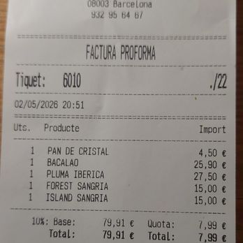 Arcano Restaurant Barcelona  - Bill - Spanish Near Me - Barcelona, B