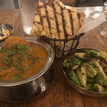 Ghee Indian Kitchen - Chicken tikka, ghost pepper naan and Brussels sprouts - Indian Near Me - Miami, Florida
