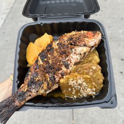 Devin's Fish & Chips - Red snapper dinner with butternut squash and tostones