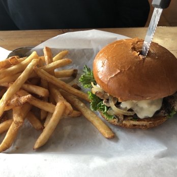 Blue Pine Grill - Garlic Mushroom Burger - Bars Near Me - Gresham, Oregon