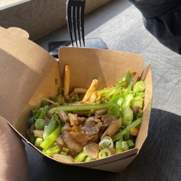 Philly Cheese Steak Fries.  Very tender.