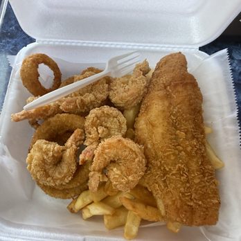 Fountain View Fish Market - 1fish and 6 shrimp with fries and onion rings - Seafood Near Me - Houston, Texas