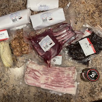 Busters Butcher - My haul of goodies.  House bacon, two kinds of sausage, meatballs, Saratoga steaks, Elk Ribeye, steak butter, seasoning, and beef jerky. - Butcher Near Me - Memphis, Tennessee