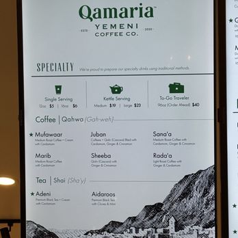 Qamaria Yemeni Coffee - Menu as of April 2026 - Coffee & Tea Near Me - Pleasanton, California Qamaria Yemeni Coffee - Menu as of April 2026 - Coffee & Tea Near Me - Pleasanton, California