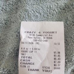 Crazy 4 Yogurt - April 27 2026 receipt