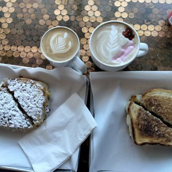 Shift Coffee House - Left: French Connection and Flat White. Right: Da Philly and Miss Mocha (mother's day special of mocha with strawberry cheesecake foam). - Coffee & Tea Near Me - Sacramento, California Shift Coffee House - Left: French Connection and Flat White. Right: Da Philly and Miss Mocha (mother's day special of mocha with strawberry cheesecake foam). - Coffee & Tea Near Me - Sacramento, California