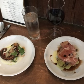 Coltivare - Fig, prosciutto, and blue cheese appetizer to the right and the octopus appetizer to the left. Both were tasty. - Italian Near Me - Houston, Texas