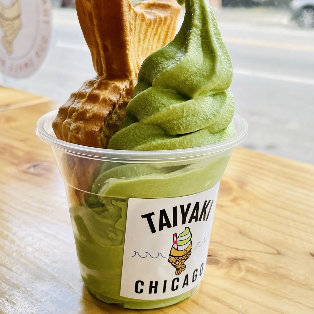 Matcha soft serve with custard filling!