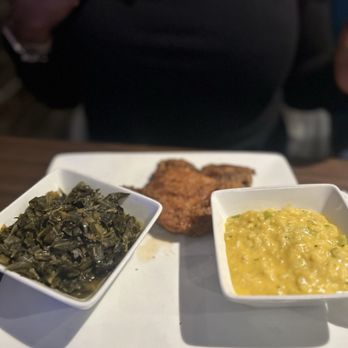 The Mason Jar - Pork chop, collards and broccoli and cheese casserole - American Near Me - Greer, South Carolina The Mason Jar - Pork chop, collards and broccoli and cheese casserole - American Near Me - Greer, South Carolina