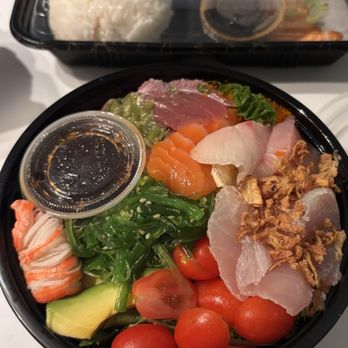 Satoshi Sushi - Mixed Sashimi Salad Salmon Bento (with 3 Pcs Gyoza) - Japanese Near Me - Fountain Valley, California Satoshi Sushi - Mixed Sashimi Salad Salmon Bento (with 3 Pcs Gyoza) - Japanese Near Me - Fountain Valley, California
