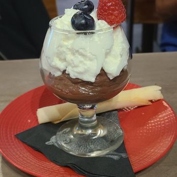 Black Sheep Brasserie - Chocolate Mousse, $13   Served in a small brandy snifter.  Mousse to whipped cream ratio is way off.  The portion should be much larger! - New American Near Me - San Jose, California