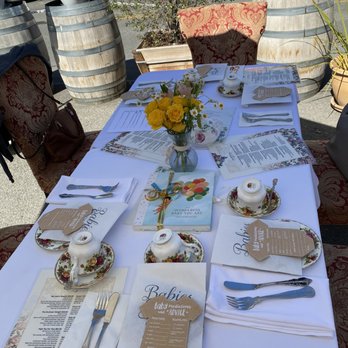 Lisa's Tea Treasures - Baby shower table setup outside - Tea Rooms Near Me - Los Altos, California