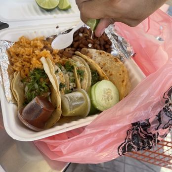 Shellena's Deli - This is a special requested by me plate 4 AL PASTOR SUPER TACOs with freshly made SPANISH RICE /BEANs - Street Vendors Near Me - San Jose, California