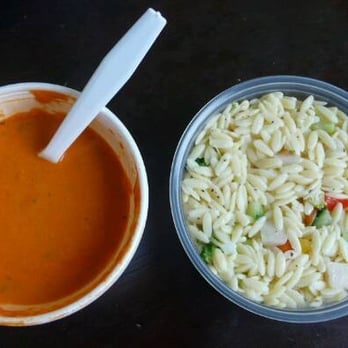 Devilicious - tomato bisque and orzo salad - New American Near Me Devilicious - tomato bisque and orzo salad - New American Near Me