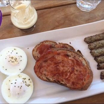 Lofty Coffee - Poached egg, artisan bread w/jelly & chicken Apple sausage ~$9 - Desserts Near Me - Encinitas, California