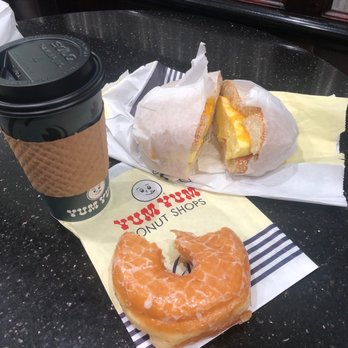 Yum Yum Donuts - The Breakfast Combo - WOW! Regular coffee, glazed donut and a egg and cheese breakfast sandwich on a sesame bagel. - Donuts Near Me - Victorville, California Yum Yum Donuts - The Breakfast Combo - WOW! Regular coffee, glazed donut and a egg and cheese breakfast sandwich on a sesame bagel. - Donuts Near Me - Victorville, California