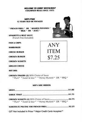 Menu photo 1 Chris' Restaurant Coleman, AB