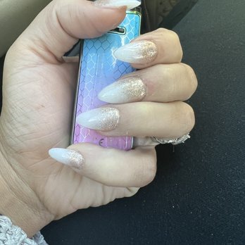 Studio Yen Nail & Spa - Soft white powder with gold glitter almond shaped nails. Full set. - Nail Salons Near Me - Gilbert, Arizona