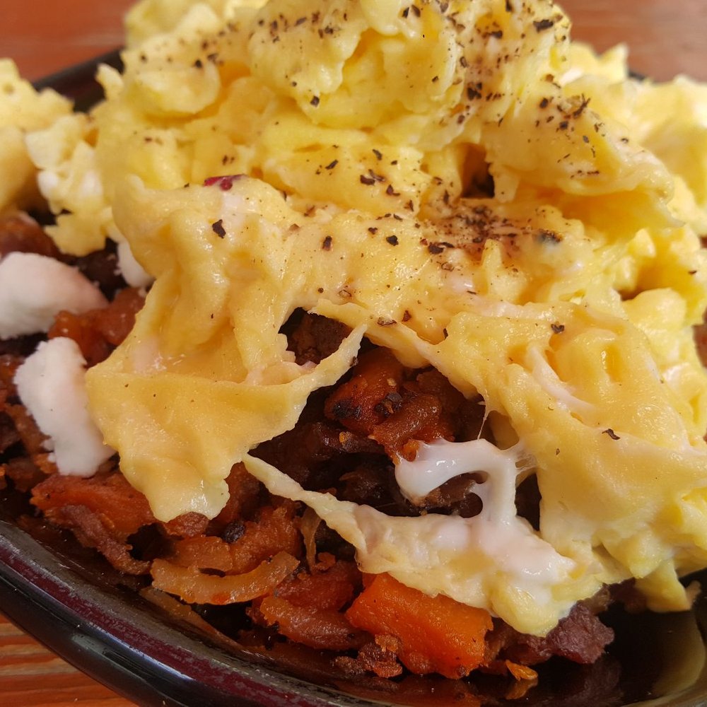 The Backyard - Great brunch! Scrambled eggs, various meats, sweet potato hash with a sprinkling of goat cheese. Absolutely AMAZING! - American Near Me - Seabrook, Texas The Backyard - Great brunch! Scrambled eggs, various meats, sweet potato hash with a sprinkling of goat cheese. Absolutely AMAZING! - American Near Me - Seabrook, Texas