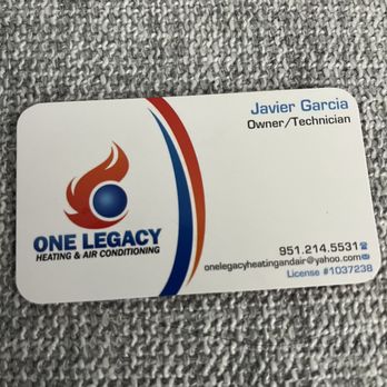One Legacy Heating and Air Conditioning - Business Card - Heating & Air Conditioning/HVAC Near Me - Moreno Valley, California