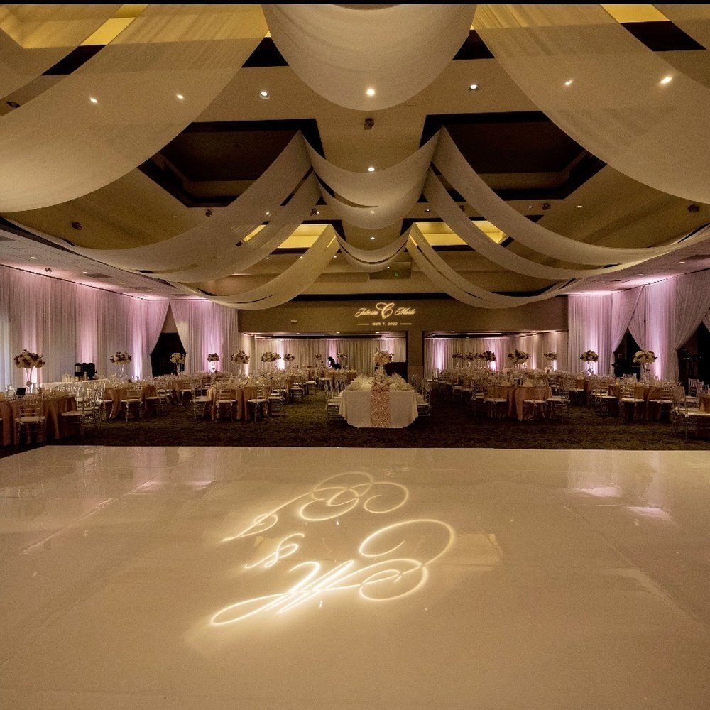 Carcano DJ Audio Visual & Lighting - White dance floor, draping, calligraphy - DJs Near Me - Lake Forest, California