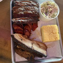Ribs, hot links, brisket, Coleslaw and Honey Cheese Cornbread Ribs, hot links, brisket, Coleslaw and Honey Cheese Cornbread