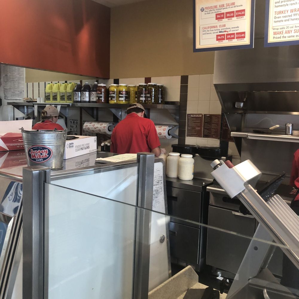 Jersey Mike's Subs - 2 employees filling condiments , one employee making 2 hot sandwiches no one acknowledging customers - Sandwiches Near Me - Barstow, California Jersey Mike's Subs - 2 employees filling condiments , one employee making 2 hot sandwiches no one acknowledging customers - Sandwiches Near Me - Barstow, California