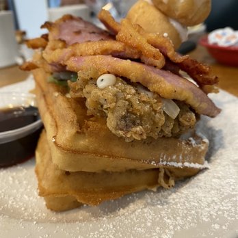 Maple Leaf Diner - Steak Waffle $16.99 - good but the bacon was a really salty and the waffle was just ok. - American Near Me - Dallas, Texas