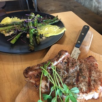 PREROGATIvE Kitchen - Bone In Pork Chop w/Grilled Asparagus - New American Near Me - Red Lodge, Montana