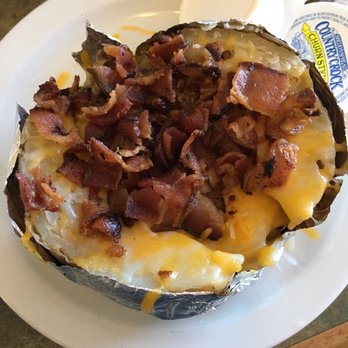 Time To Eat Café - Baked potato with bacon and cheese (extra charge but worth it). Delicious!!! - Southern Near Me - Theodore, Alabama Time To Eat Café - Baked potato with bacon and cheese (extra charge but worth it). Delicious!!! - Southern Near Me - Theodore, Alabama